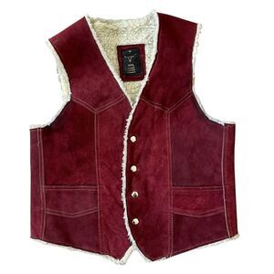 Vintage Western Suede Leather Vest Sherpa-Lined Red Leather